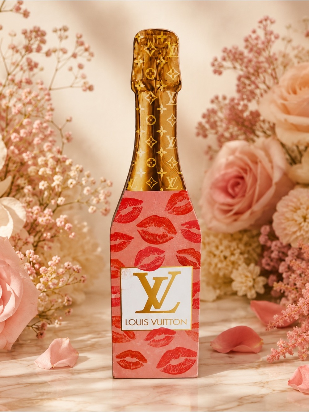 Louis Vuitton Pink & Gold Lip-Print Champagne Bottle